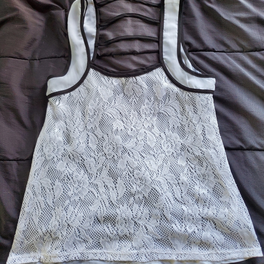 women small Vanity sheer tank white black accent